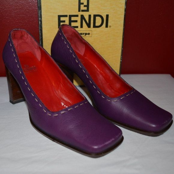 Fendi Vintage Purple Leather Block Heel Pumps – Square Toe - Picture 7 of 14